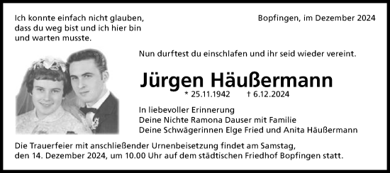 Traueranzeige von Jürgen Häußermann von Schwäbische Post