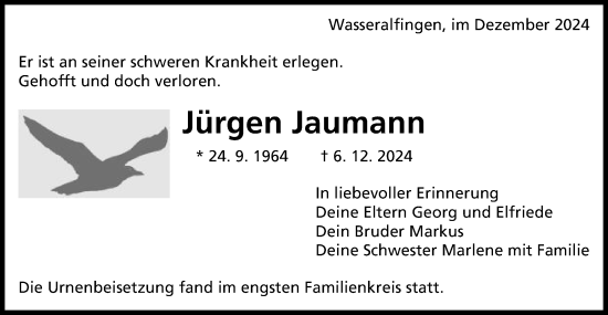 Traueranzeige von Jürgen Jaumann von Schwäbische Post