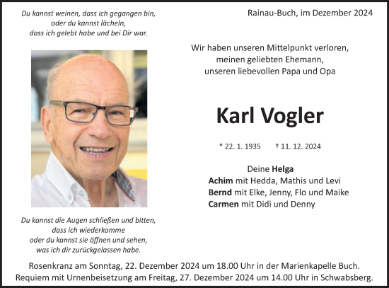 Traueranzeige von Karl Vogler von Schwäbische Post