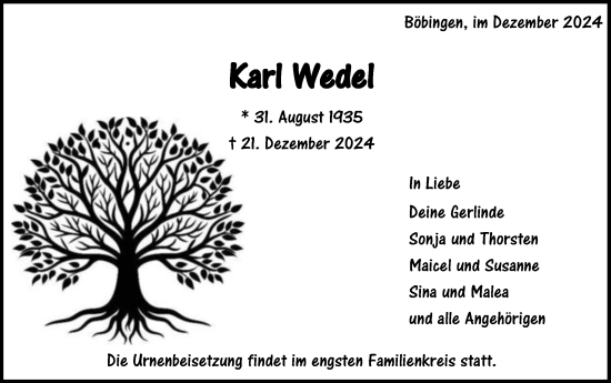 Traueranzeige von Karl Wedel von Gmünder Tagespost