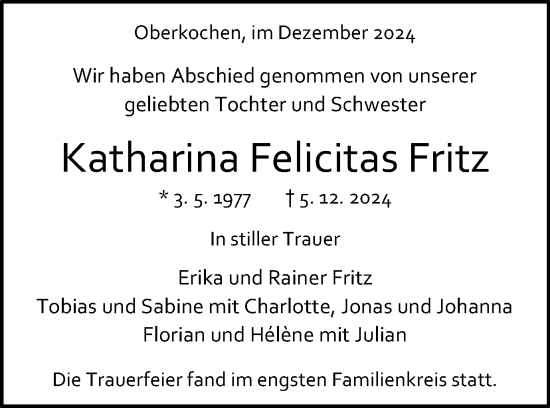 Traueranzeige von Katharina Fritz von Schwäbische Post