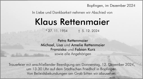 Traueranzeige von Klaus Rettenmaier von Schwäbische Post