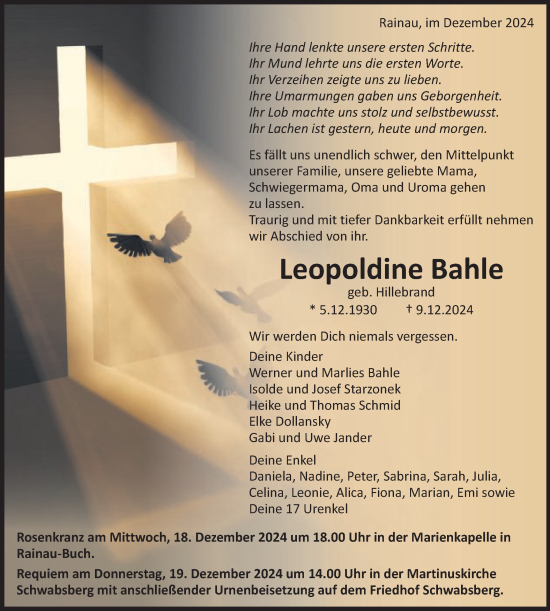 Traueranzeige von Leopoldine Bahle von Schwäbische Post