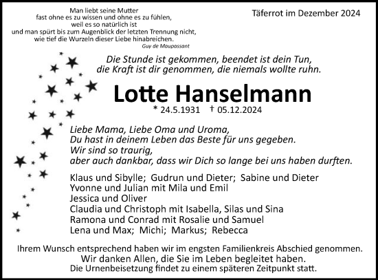 Traueranzeige von Lotte Hanselmann von Gmünder Tagespost