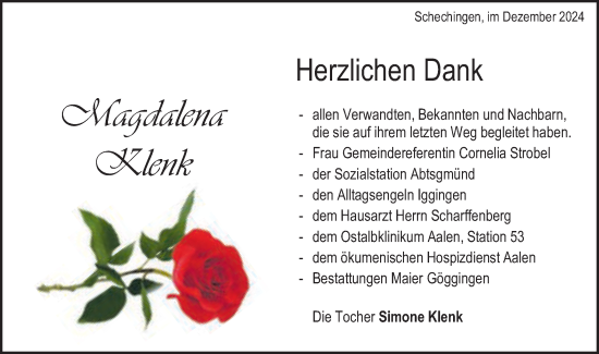 Traueranzeige von Magdalena Klenk von Gmünder Tagespost