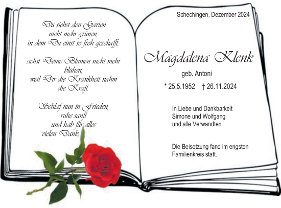 Traueranzeige von Magdalena Klenk