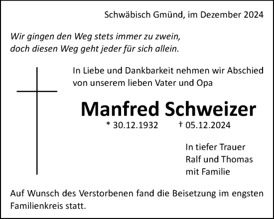 Traueranzeige von Manfred Schweizer von Gmünder Tagespost