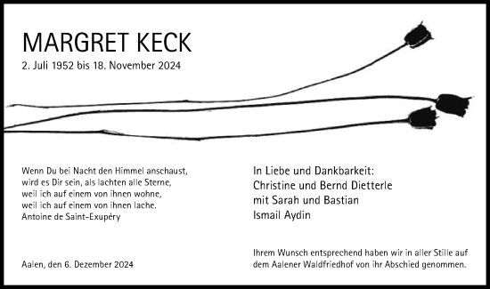 Traueranzeige von Margret Keck von Schwäbische Post