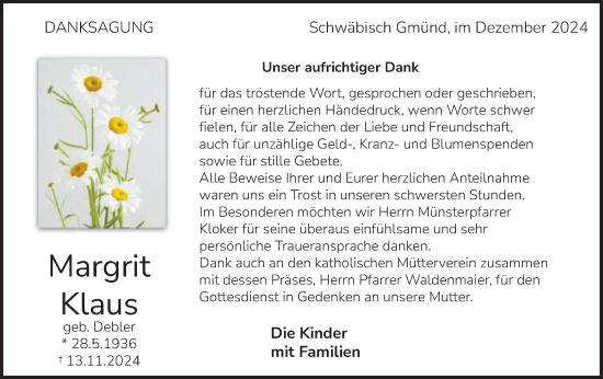 Traueranzeige von Margrit Klaus von Gmünder Tagespost
