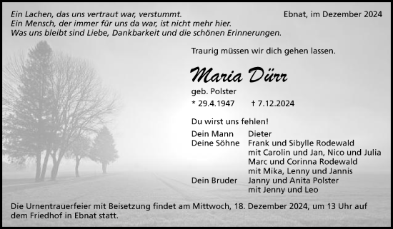 Traueranzeige von Maria Dürr von Schwäbische Post