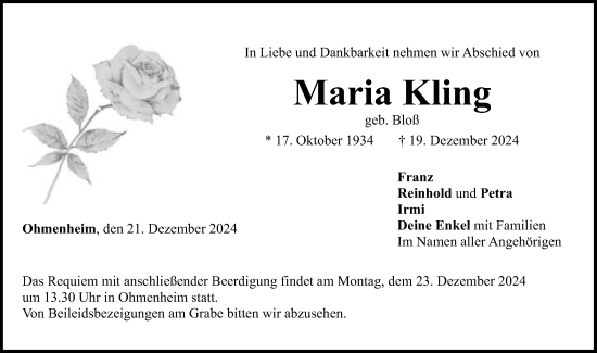 Traueranzeige von Maria Kling von Schwäbische Post