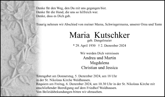 Traueranzeige von Maria Kutschker von Schwäbische Post