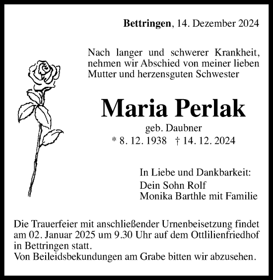 Traueranzeige von Maria Perlak von Gmünder Tagespost