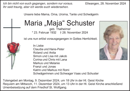 Traueranzeige von Maria Schuster von Schwäbische Post