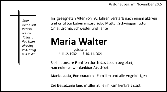 Traueranzeige von Maria Walter von Schwäbische Post
