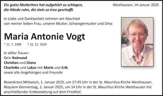 Traueranzeige von Maria Antonie Vogt von Schwäbische Post