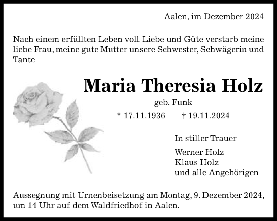 Traueranzeige von Maria Theresia Holz von Schwäbische Post