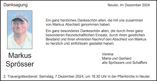 Traueranzeige von Markus Sprösser von Schwäbische Post