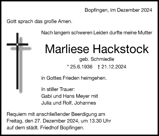 Traueranzeige von Marliese Hackstock von Schwäbische Post