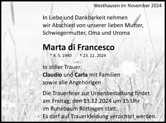 Traueranzeige von Marta di Francesco von Schwäbische Post