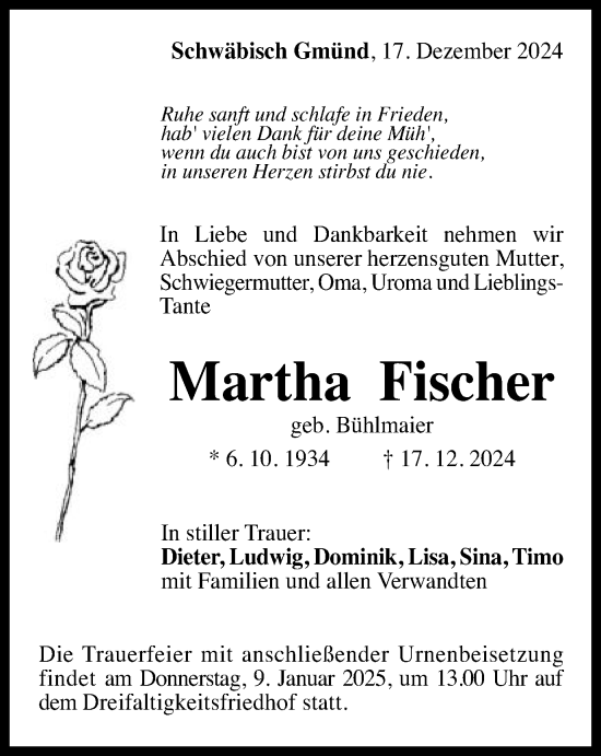Traueranzeige von Martha Fischer von Gmünder Tagespost