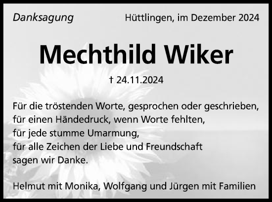 Traueranzeige von Mechthild Wiker von Schwäbische Post