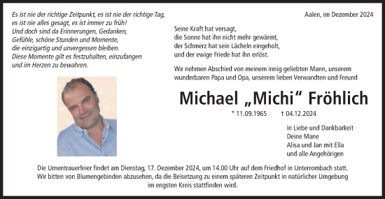 Traueranzeige von Michael Fröhlich von Schwäbische Post