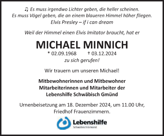 Traueranzeige von Michael Minnich von Gmünder Tagespost