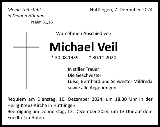 Traueranzeige von Michael Veil von Schwäbische Post