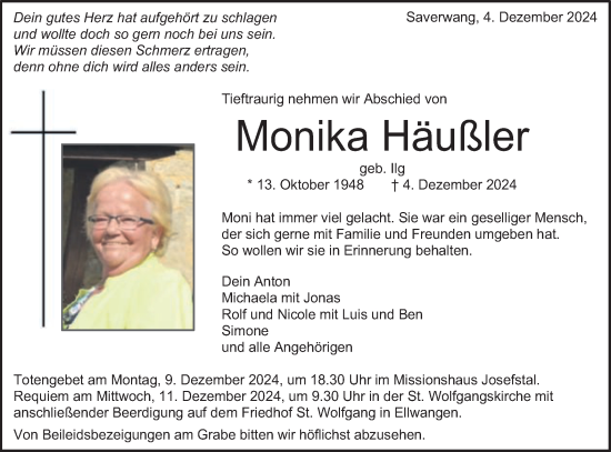 Traueranzeige von Monika Häußler von Schwäbische Post