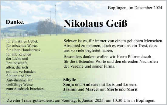 Traueranzeige von Nikolaus Geiß von Schwäbische Post