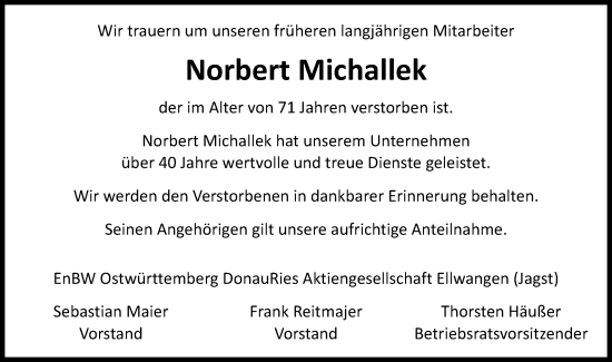 Traueranzeige von Norbert Michallek von Gmünder Tagespost
