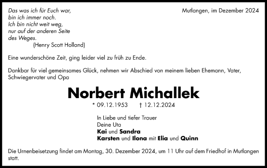 Traueranzeige von Norbert Michallek von Gmünder Tagespost