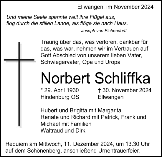 Traueranzeige von Norbert Schliffka von Schwäbische Post