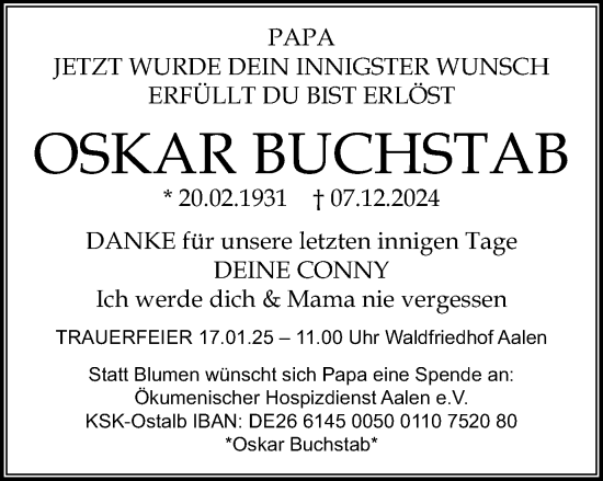 Traueranzeige von Oskar Buchstab von Schwäbische Post