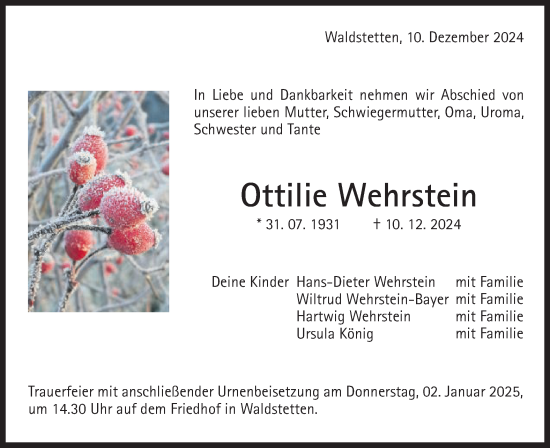 Traueranzeige von Ottilie Wehrstein von Gmünder Tagespost