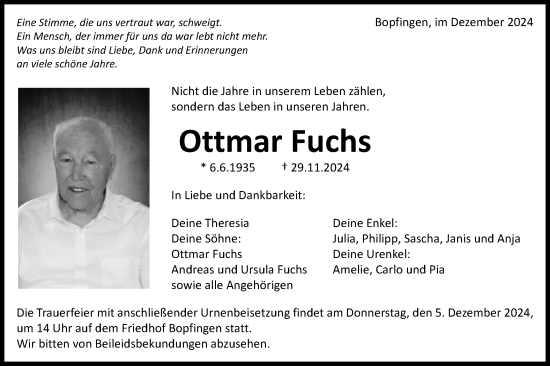 Traueranzeige von Ottmar Fuchs von Schwäbische Post