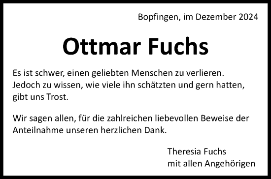 Traueranzeige von Ottmar Fuchs von Schwäbische Post