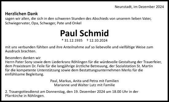 Traueranzeige von Paul Schmid von Schwäbische Post