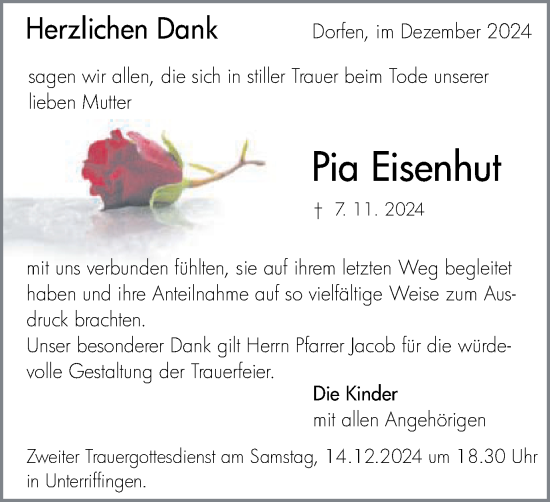Traueranzeige von Pia Eisenhut von Schwäbische Post