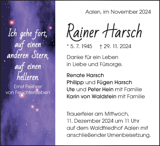 Traueranzeige von Rainer Harsch von Schwäbische Post
