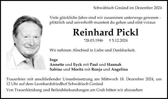Traueranzeige von Reinhard Pickl von Gmünder Tagespost