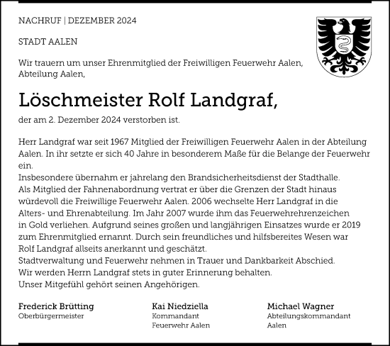 Traueranzeige von Rolf Landgraf von Schwäbische Post