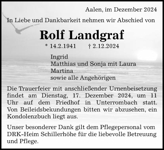 Traueranzeige von Rolf Landgraf von Schwäbische Post