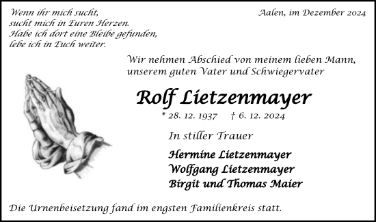 Traueranzeige von Rolf Lietzenmayer von Schwäbische Post