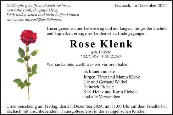 Traueranzeige von Rose Klenk von Gmünder Tagespost