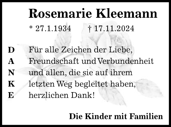 Traueranzeige von Rosemarie Kleemann von Schwäbische Post
