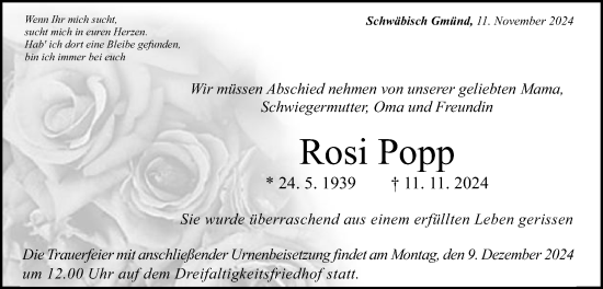 Traueranzeige von Rosi Popp von Gmünder Tagespost