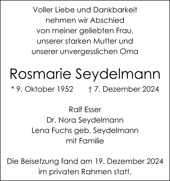Traueranzeige von Rosmarie Seydelmann von Schwäbische Post