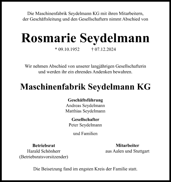 Traueranzeige von Rosmarie Seydelmann von Schwäbische Post
